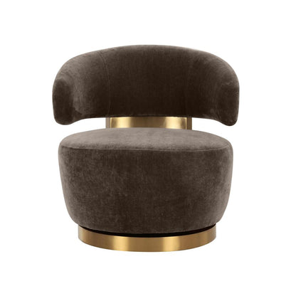 Modern Glam Brown Fabric & Brushed Gold Curved Back Swivel Chair