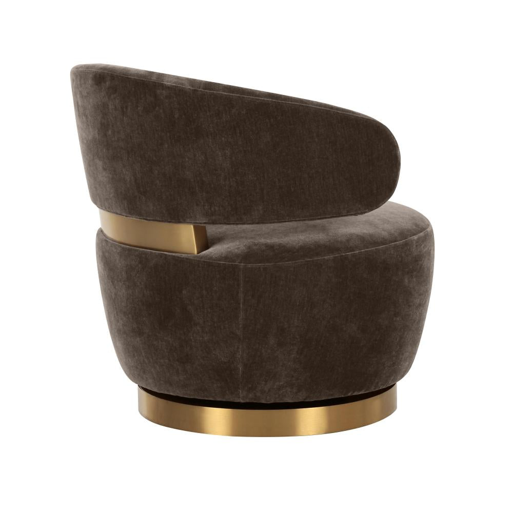 Modern Glam Brown Fabric & Brushed Gold Curved Back Swivel Chair