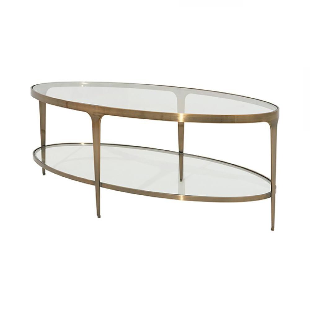 Modern Glam Two Tier Oval Coffee Table Antique Brass Metal Glass Top 4 ...