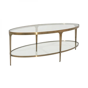 Modern Glam Two Tier Oval Coffee Table Antique Brass Metal Glass Top 48 inch