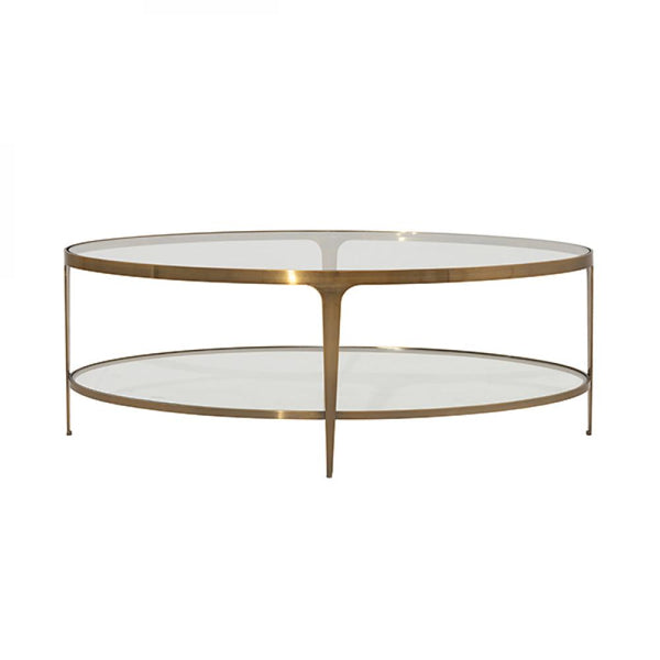 Modern Glam Two Tier Oval Coffee Table Antique Brass Metal Glass Top 48 inch