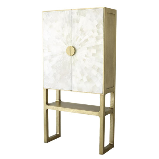 Modern Glam White Selenite Crystal Starburst & Brass Tall Luxury Bar Cabinet Home Bar 37 inch