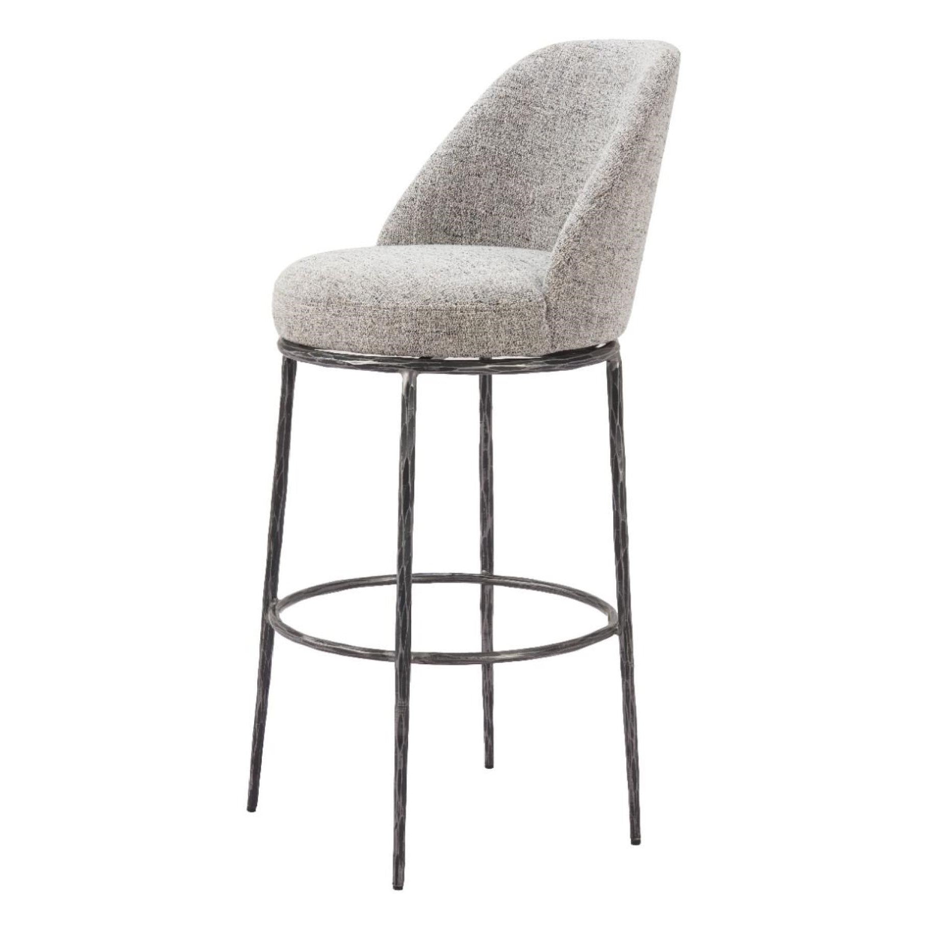 Modern Grey Fabric & Forged Metal Swivel Bar Stool