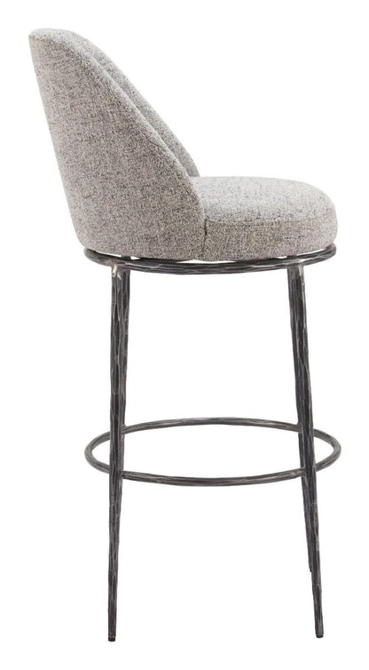 Modern Grey Fabric & Forged Metal Swivel Bar Stool