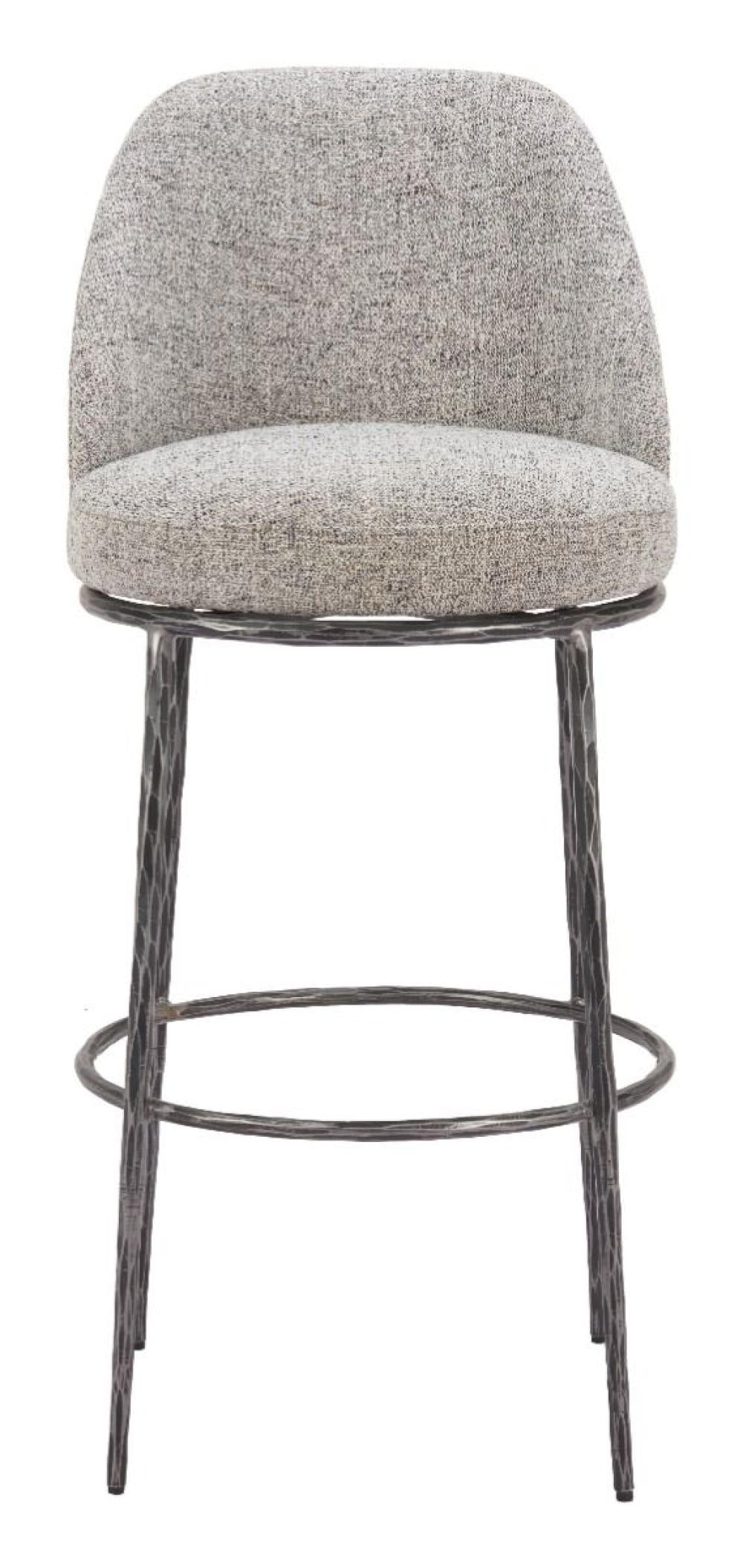 Modern Grey Fabric & Forged Metal Swivel Bar Stool