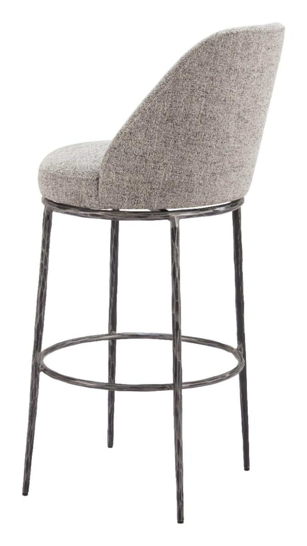 Modern Grey Fabric & Forged Metal Swivel Bar Stool