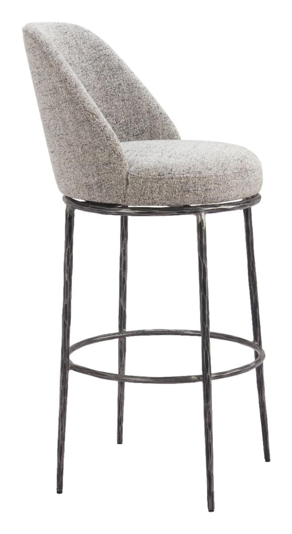 Modern Grey Fabric & Forged Metal Swivel Bar Stool