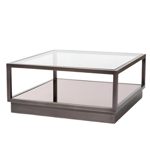 Modern Industrial Glass & Gunmetal Finish 2 Tier Square Coffee Table 40 inch