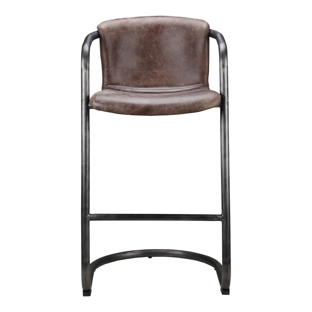 Modern Industrial Rustic Brown Leather Cantilever Bar Stool Metal Frame (Set of 2)