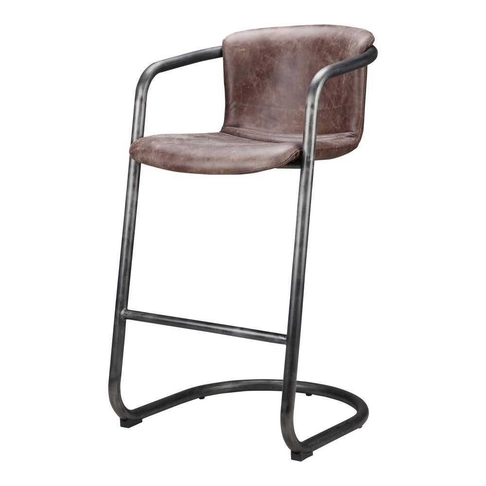 Modern Industrial Rustic Brown Leather Cantilever Bar Stool Metal Frame (Set of 2)