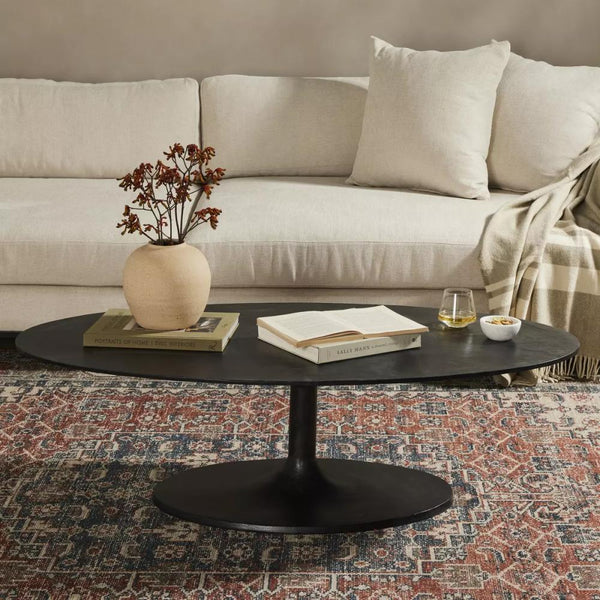 Modern Metal Oval Coffee Table Tulip Pedestal Base Raw Black 55 inch