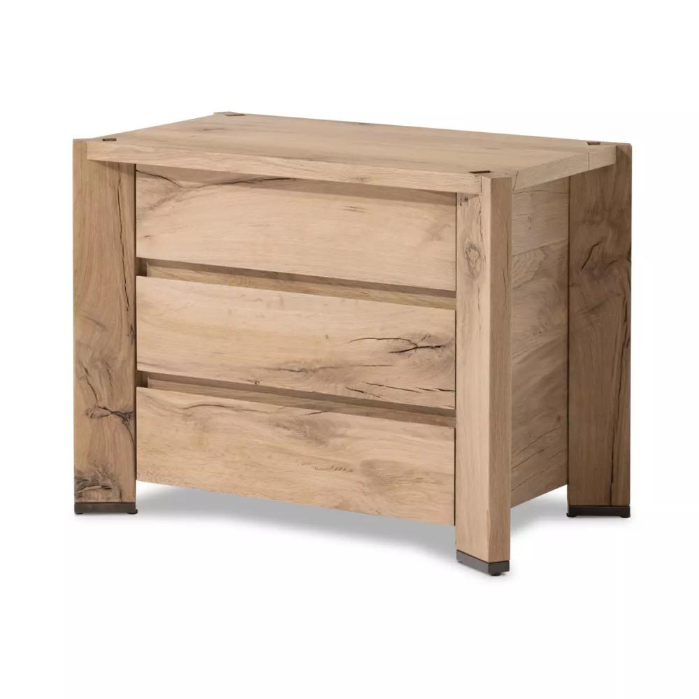 Modern Minimalist Natural Reclaimed French Oak Wood 3 Drawer Nightstand 30 inch