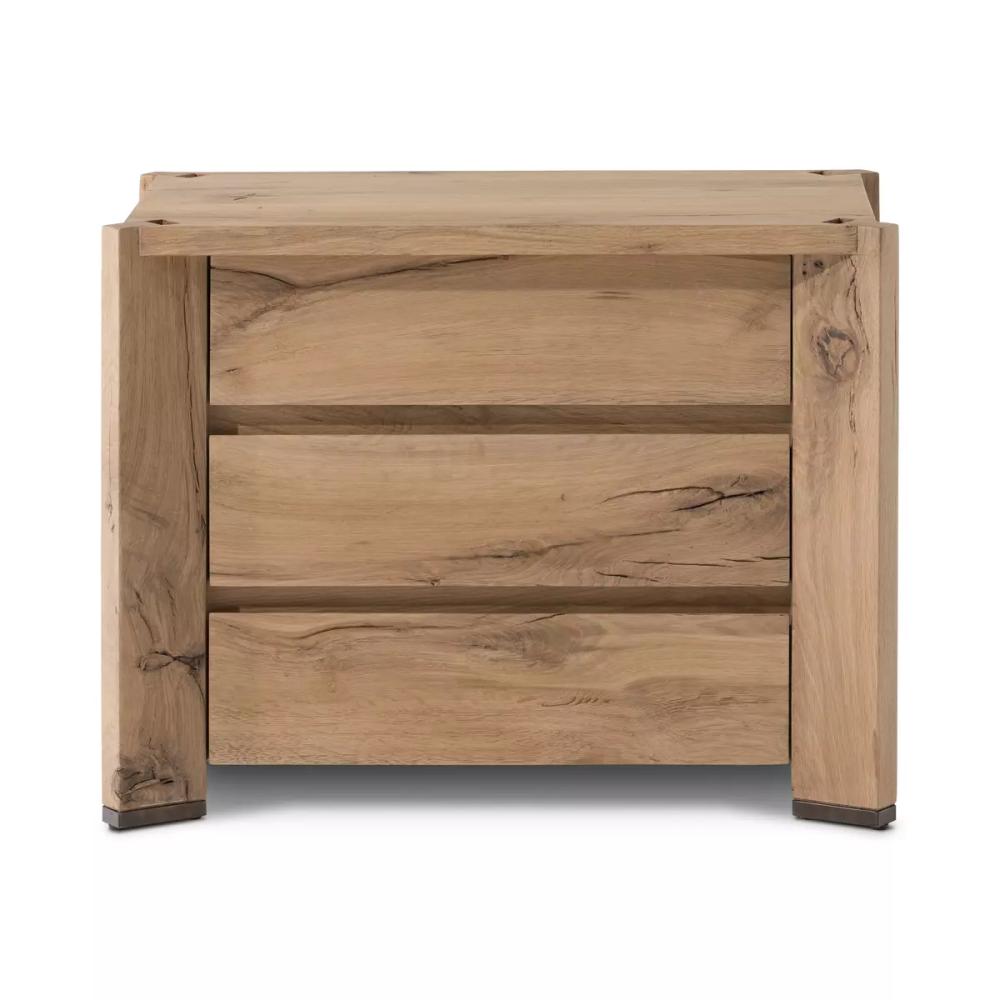 Modern Minimalist Natural Reclaimed French Oak Wood 3 Drawer Nightstand 30 inch