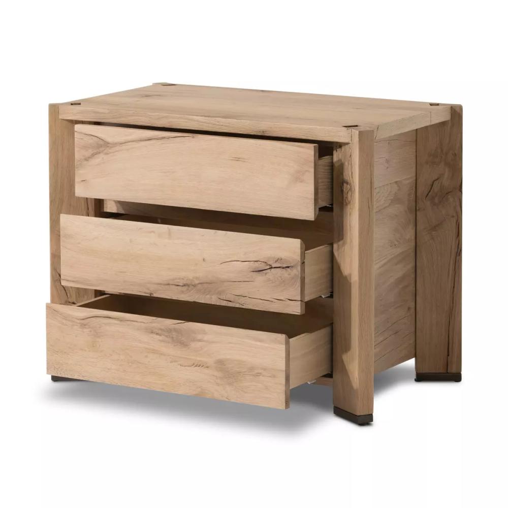 Modern Minimalist Natural Reclaimed French Oak Wood 3 Drawer Nightstand 30 inch