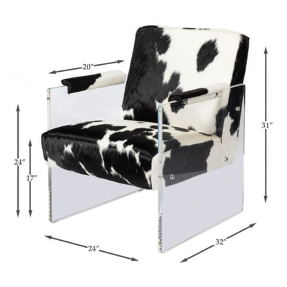 Modern Mountain Black & White Hair-on-Hide Leather Lounge Chair Acrylic Frame Armchair