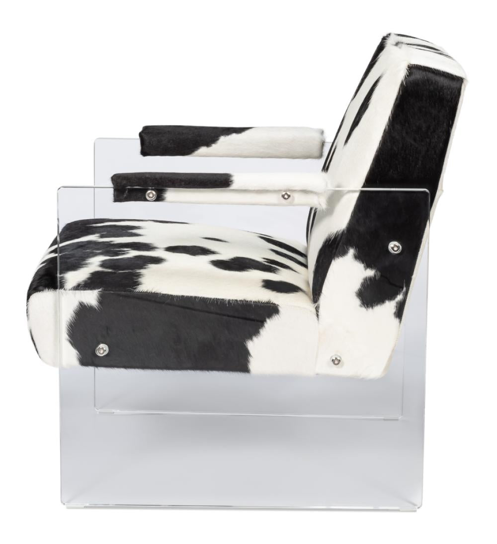 Modern Mountain Black & White Hair-on-Hide Leather Lounge Chair Acrylic Frame Armchair