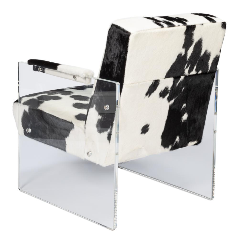 Modern Mountain Black & White Hair-on-Hide Leather Lounge Chair Acrylic Frame Armchair