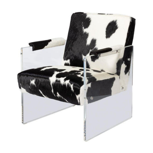 Modern Mountain Black & White Hair-on-Hide Leather Lounge Chair Acrylic Frame Armchair