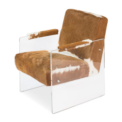 Modern Mountain Brown Hair-on-Hide Leather Lounge Chair Acrylic Frame Armchair