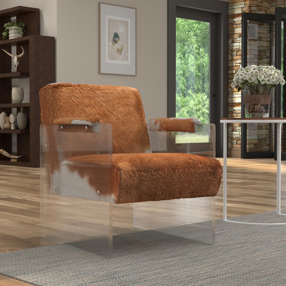 Modern Mountain Brown Hair-on-Hide Leather Lounge Chair Acrylic Frame Armchair