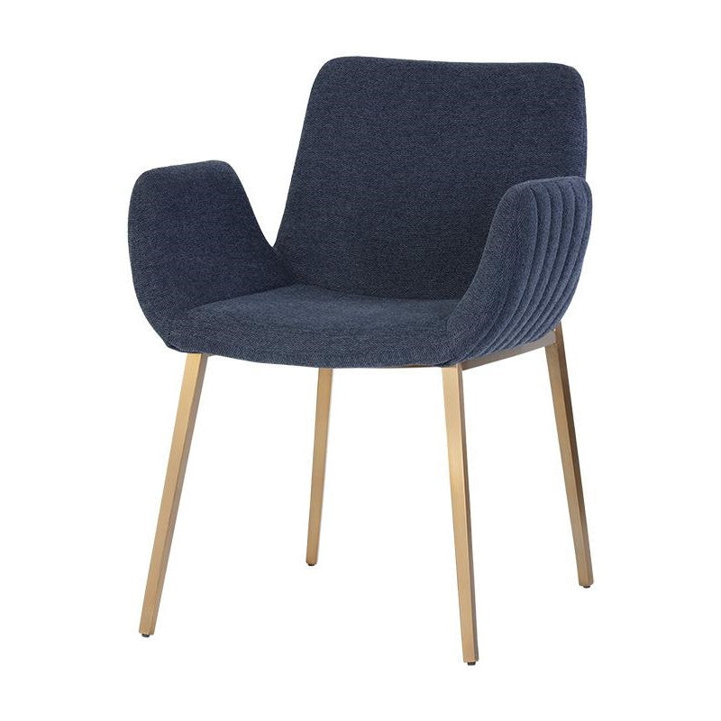 Modern Navy Blue Channel Tufted Dining Chair Armchair Gold Metal Legs