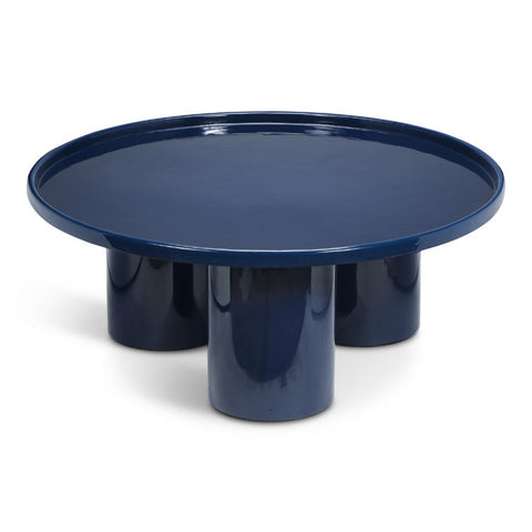 Modern Navy Blue High Gloss Enamel Lacquer Cylindrical Legs Round Coffee Table 38 inch