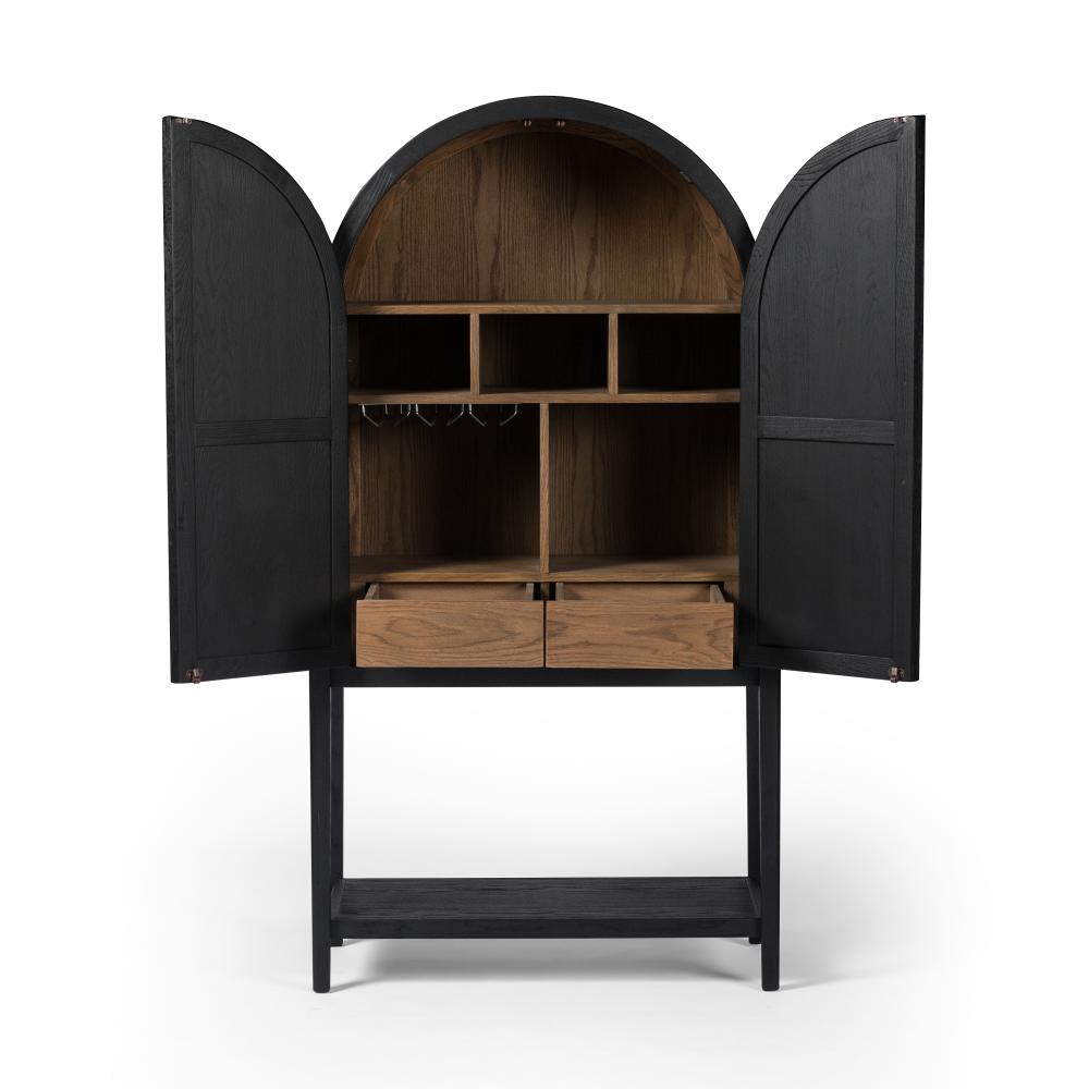 Modern Organic Matte Black Oak Wood Tall Arch Top Bar Cabinet Home Bar 38 inch