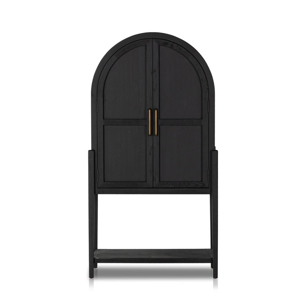 Modern Organic Matte Black Oak Wood Tall Arch Top Bar Cabinet Home Bar 38 inch