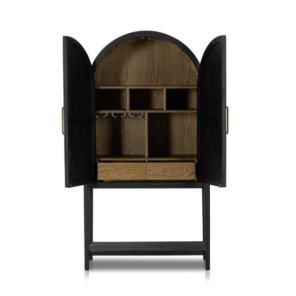 Modern Organic Matte Black Oak Wood Tall Arch Top Bar Cabinet Home Bar 38 inch