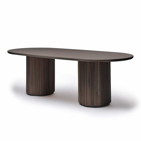 Modern Organic Reeded Double Fluted Pedestal Oval Dining Table Solid Oak with Mocha Brown Finish 94 inch