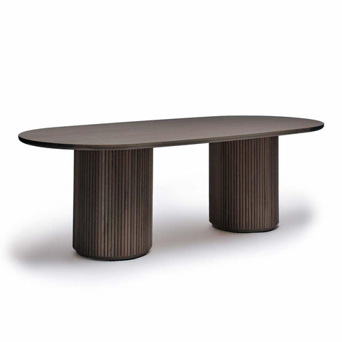 Modern Organic Reeded Double Fluted Pedestal Oval Dining Table Solid Oak with Mocha Brown Finish 94 inch