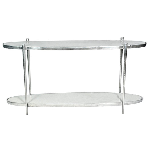 Modern Oval Console Table White Cloud Marble Top Antique Nickel Base 60 inch