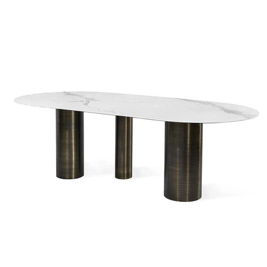 Modern Oval Dining Table Marble Look Porcelain Top with Antique Bronze Steel Pillars 94 inch