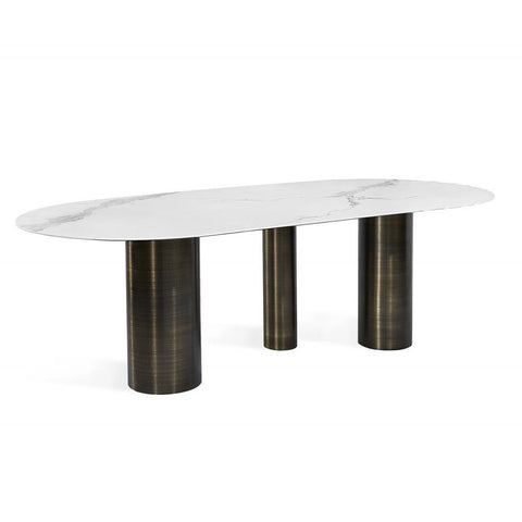 Modern Oval Dining Table Marble Look Porcelain Top with Antique Bronze Steel Pillars 94 inch