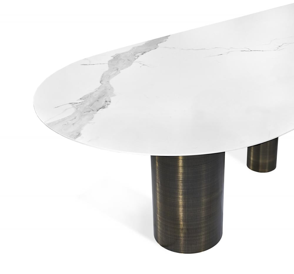 Modern Oval Dining Table Marble Look Porcelain Top with Antique Bronze Steel Pillars 94 inch