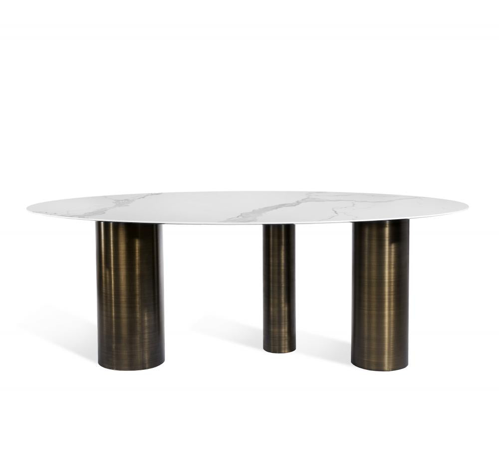 Modern Oval Dining Table Marble Look Porcelain Top with Antique Bronze Steel Pillars 94 inch