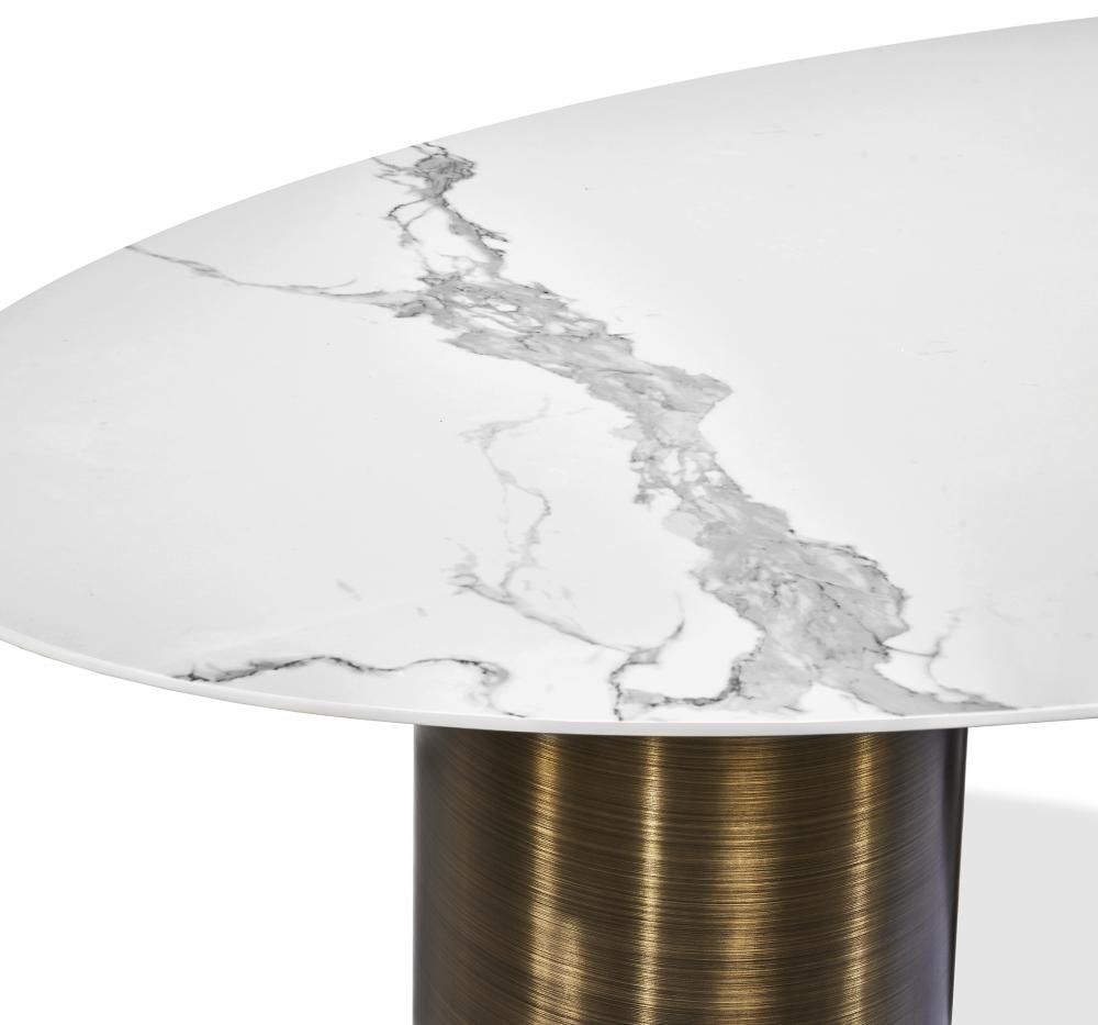 Modern Oval Dining Table Marble Look Porcelain Top with Antique Bronze Steel Pillars 94 inch