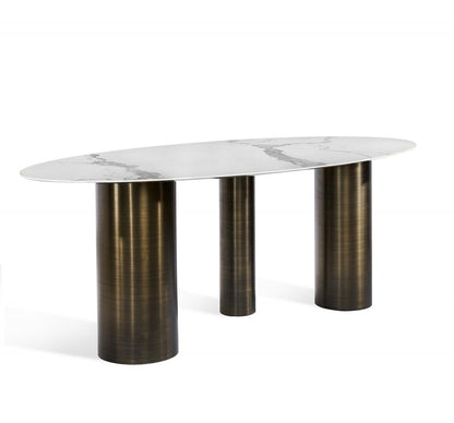 Modern Oval Dining Table Marble Look Porcelain Top with Antique Bronze Steel Pillars 94 inch