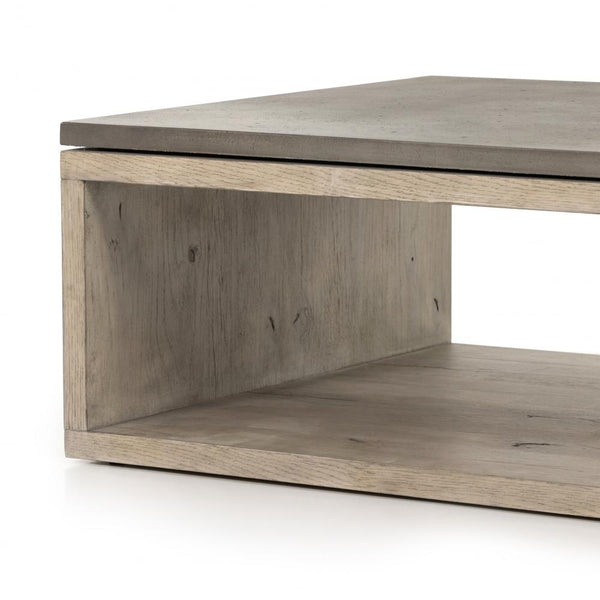 Modern Rectangle Coffee Table Dark Grey Faux Concrete Top & Oak Wood Open Base 60 inch