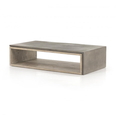 Modern Rectangle Coffee Table Dark Grey Faux Concrete Top & Oak Wood Open Base 60 inch
