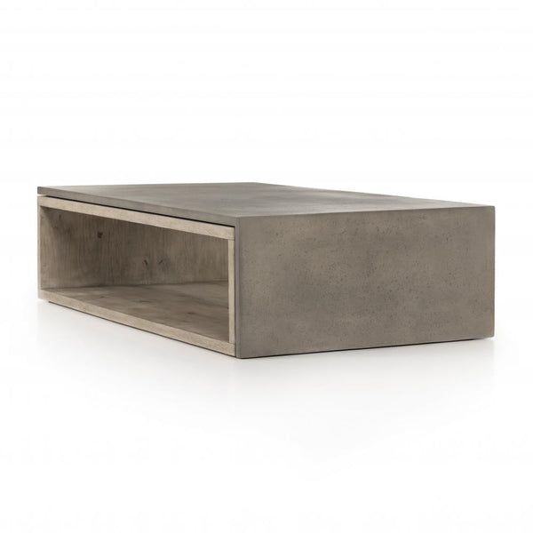 Modern Rectangle Coffee Table Dark Grey Faux Concrete Top & Oak Wood Open Base 60 inch