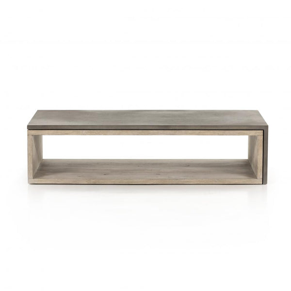 Modern Rectangle Coffee Table Dark Grey Faux Concrete Top & Oak Wood Open Base 60 inch