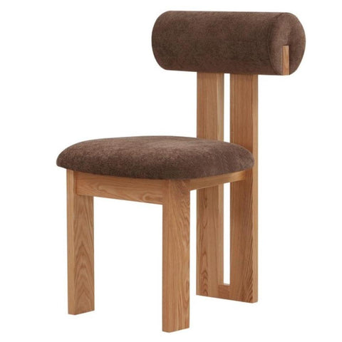 Modern Rolled Back Armless Dining Chair Dark Brown Boucle & Natural Finish Wood