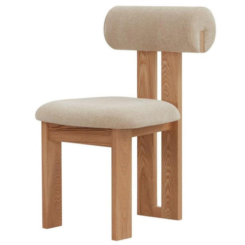 Modern Rolled Back Armless Dining Chair Tan Boucle & Natural Finish Wood