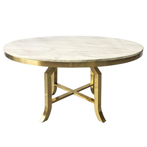 Modern Round Dining Table Brushed Gold Finish Metal Base Marble Veneer Top 60 inch