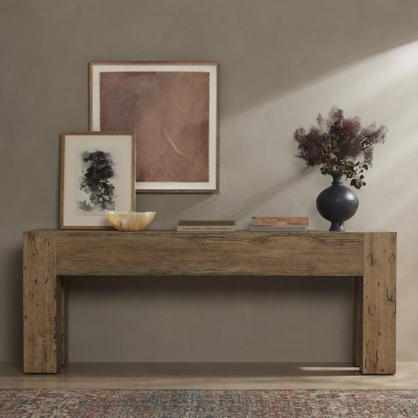 Modern Rustic Chunky Squared Leg Console Table Oak Wood with Rustic Wormwood Finish 86 inch
