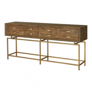 Modern Rustic Four Drawer Console Table Wood & Brass Base 71 inch