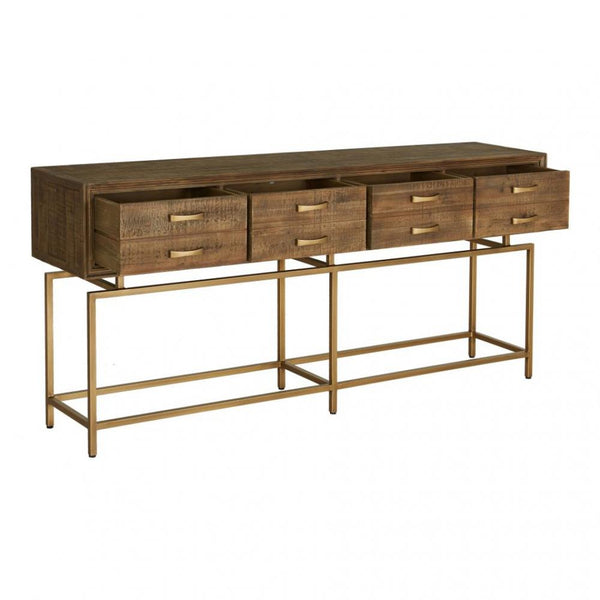 Modern Rustic Four Drawer Console Table Wood & Brass Base 71 inch