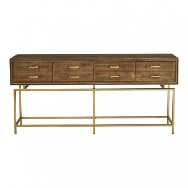 Modern Rustic Four Drawer Console Table Wood & Brass Base 71 inch