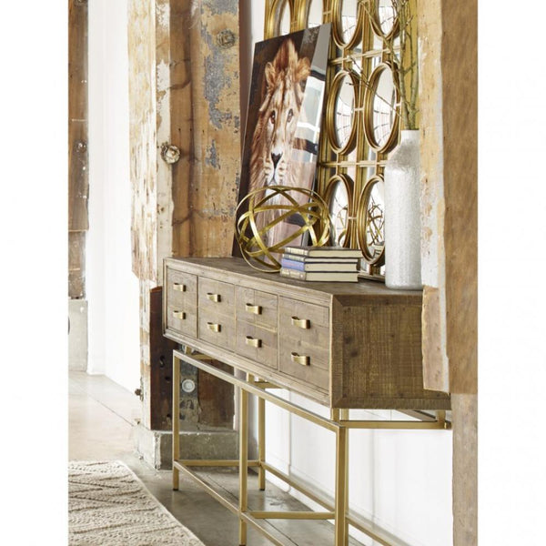 Modern Rustic Four Drawer Console Table Wood & Brass Base 71 inch